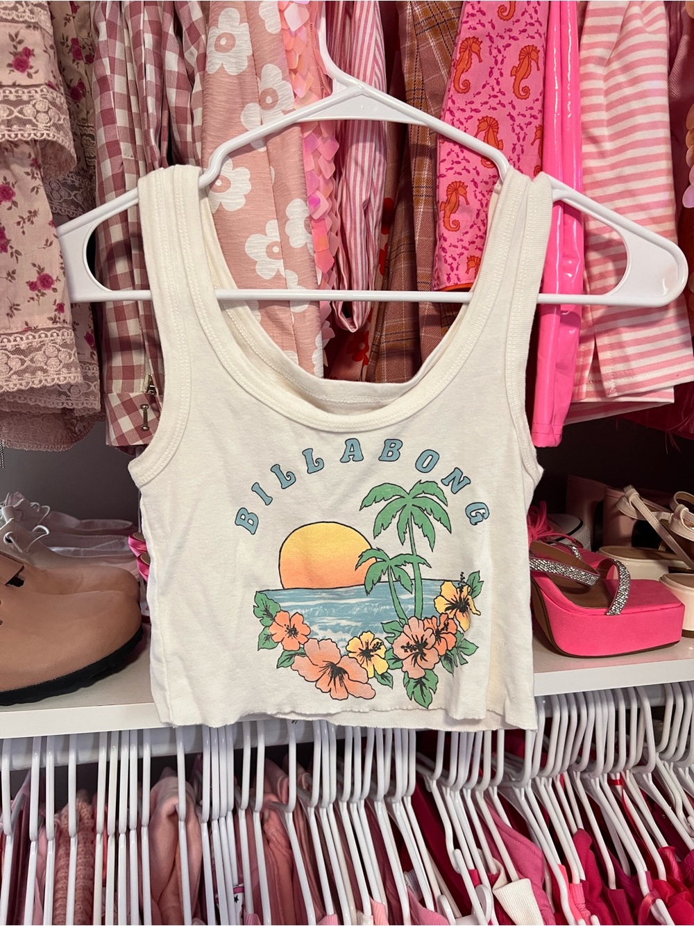 Billabong Women's White Tank Top with Tropical Sunset Graphic